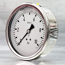 Manometer 0-12 bar RVS Ø63mm, Glycerine gevuld, ¼" achter aansluiting